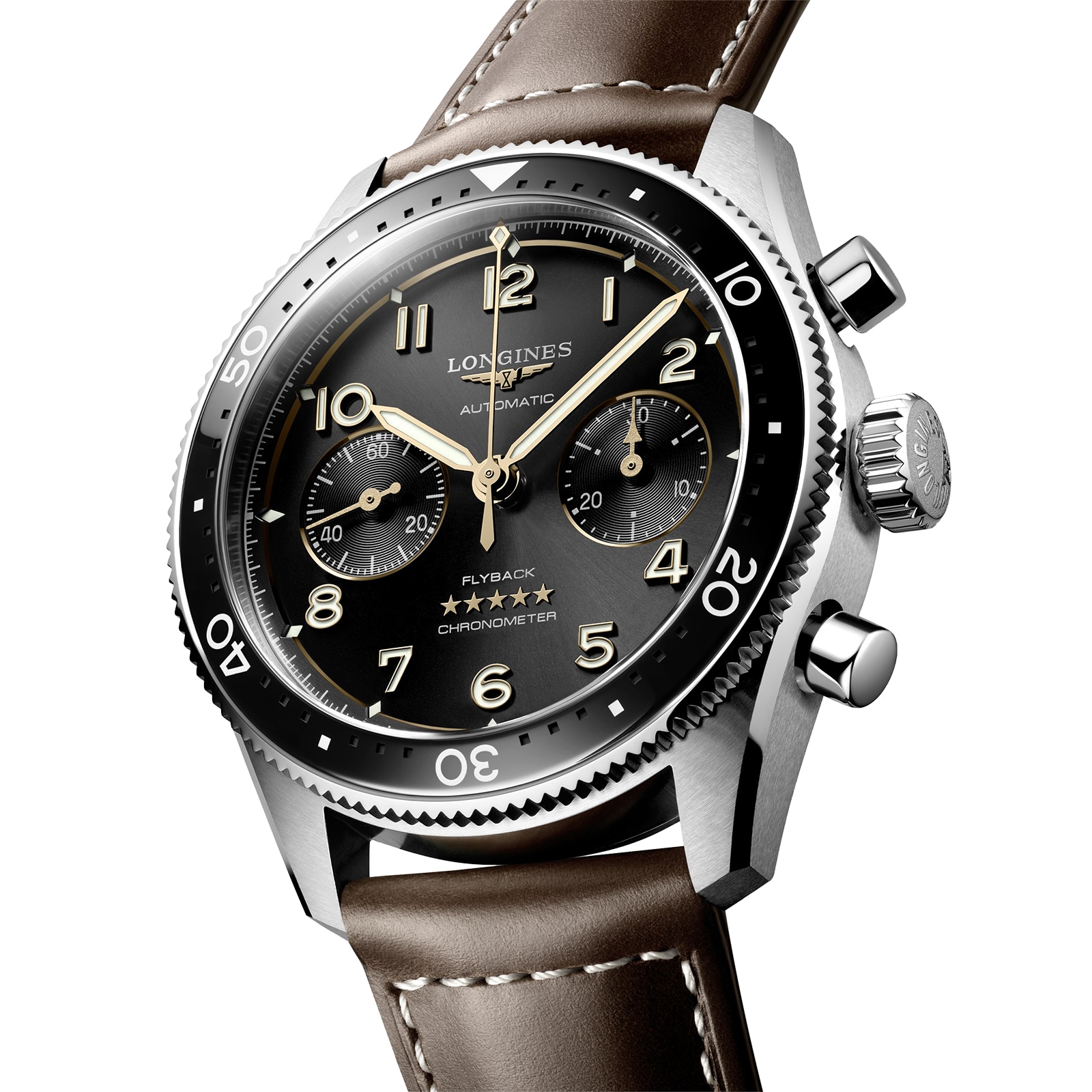 Longines Spirit Flyback 42mm Stahlbraun Lederband Schwarzes Sonnenstrahl L38214532-1