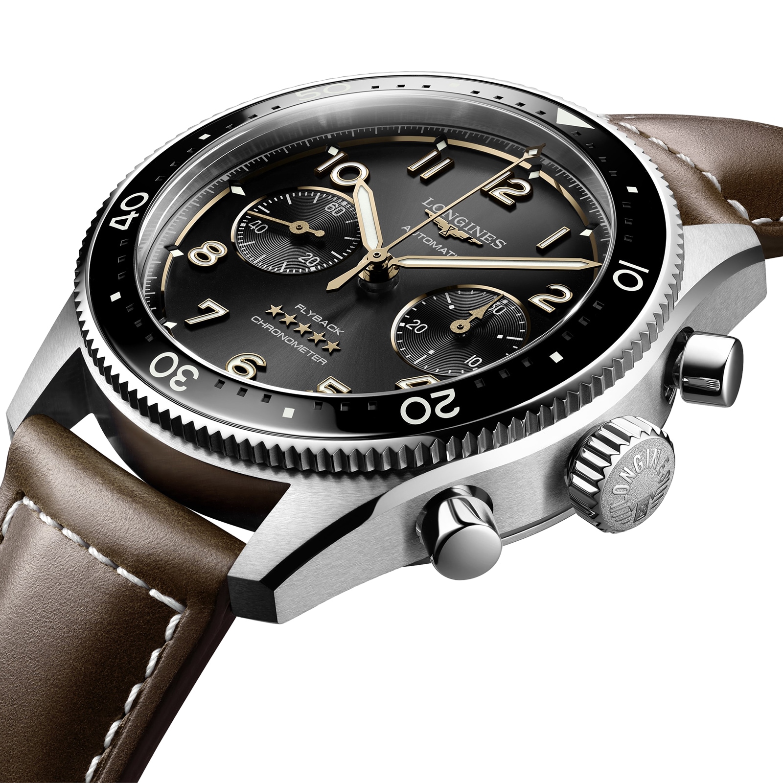 Longines Spirit Flyback 42mm Stahlbraun Lederband Schwarzes Sonnenstrahl L38214532-2