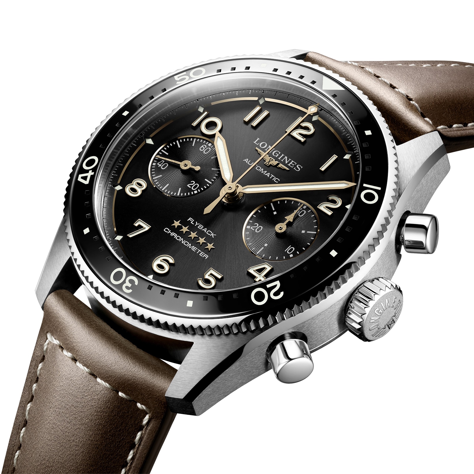 Longines Spirit Flyback 42mm Stahlbraun Lederband Schwarzes Sonnenstrahl L38214532-3