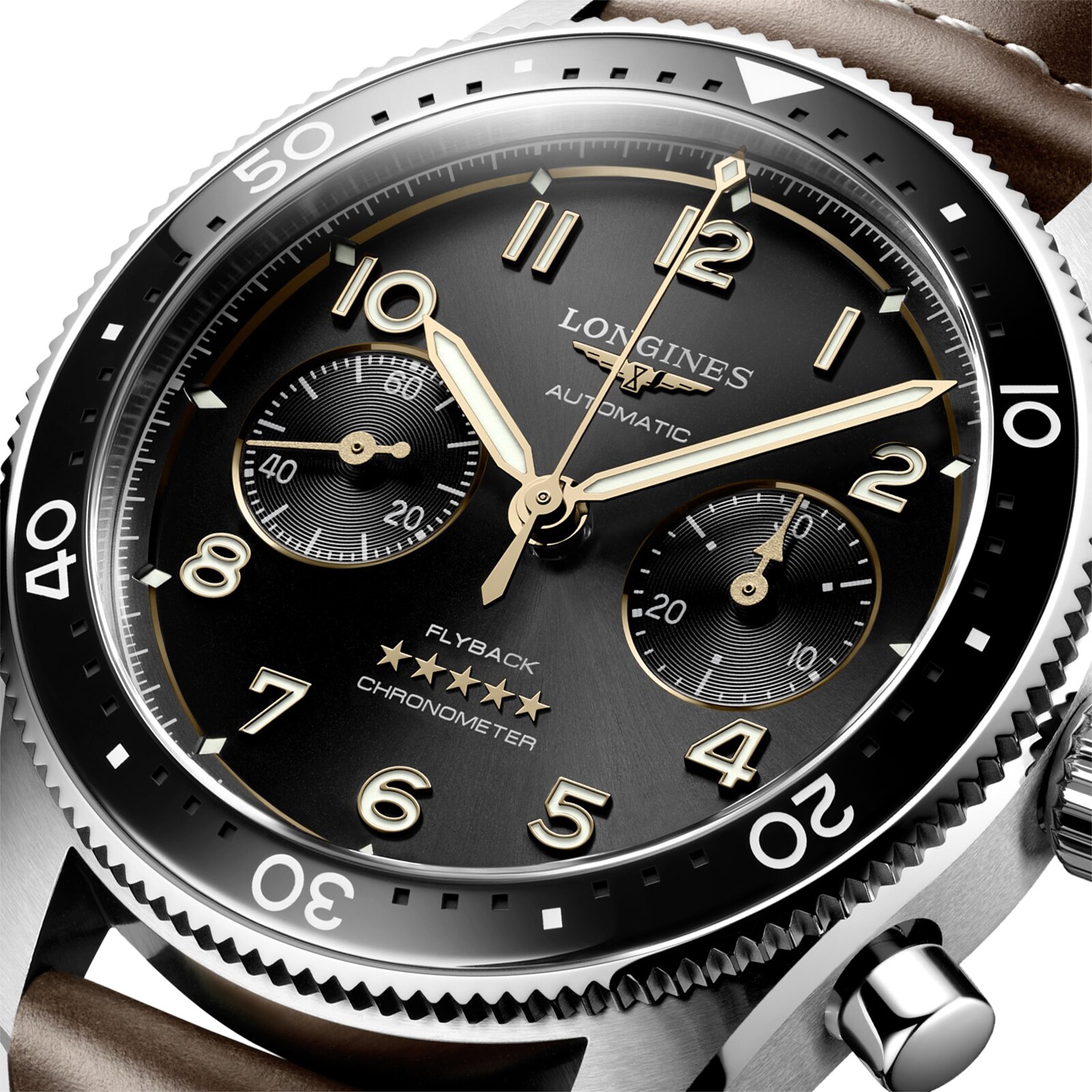 Longines Spirit Flyback 42mm Stahlbraun Lederband Schwarzes Sonnenstrahl L38214532-4