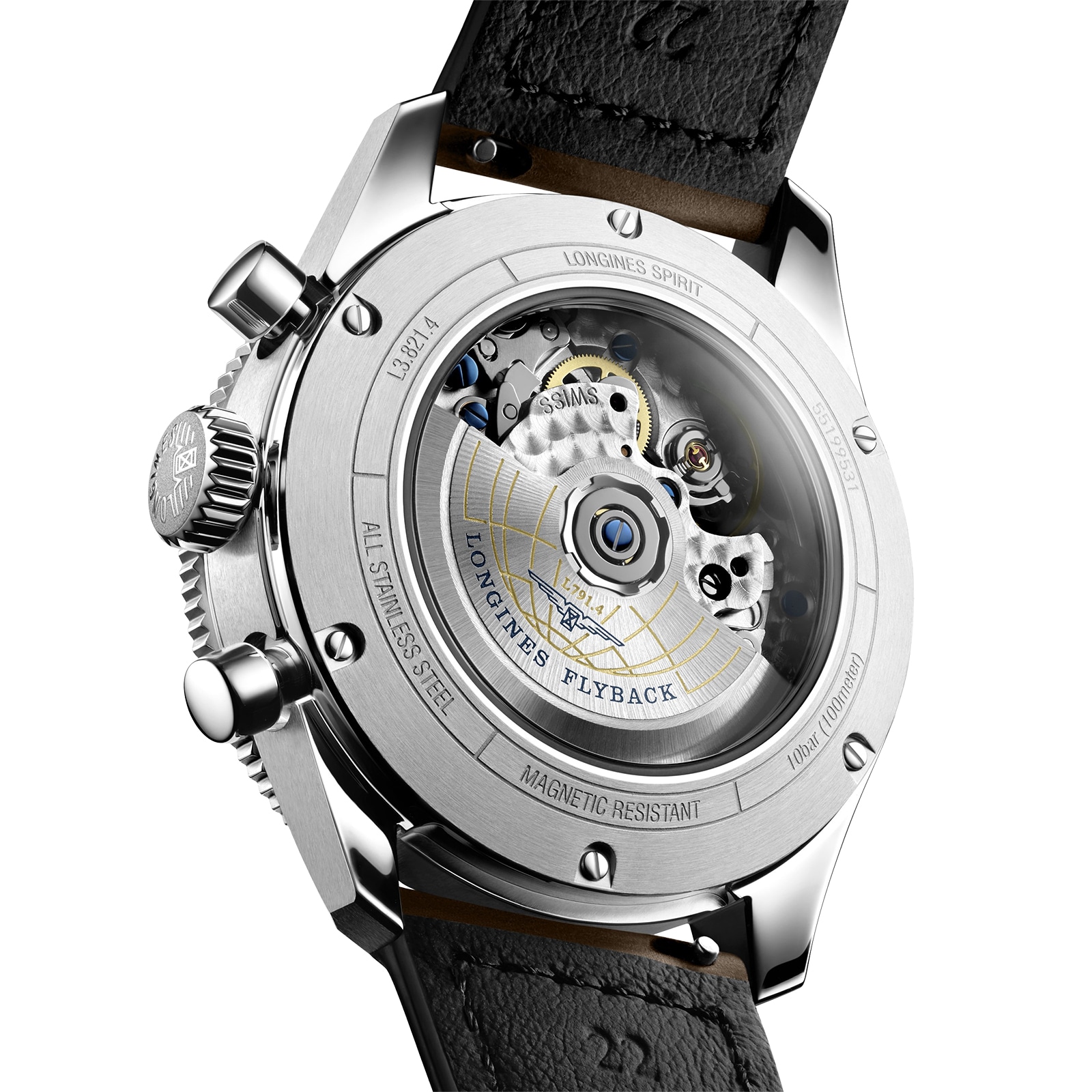 Longines Spirit Flyback 42mm Stahlbraun Lederband Schwarzes Sonnenstrahl L38214532-5
