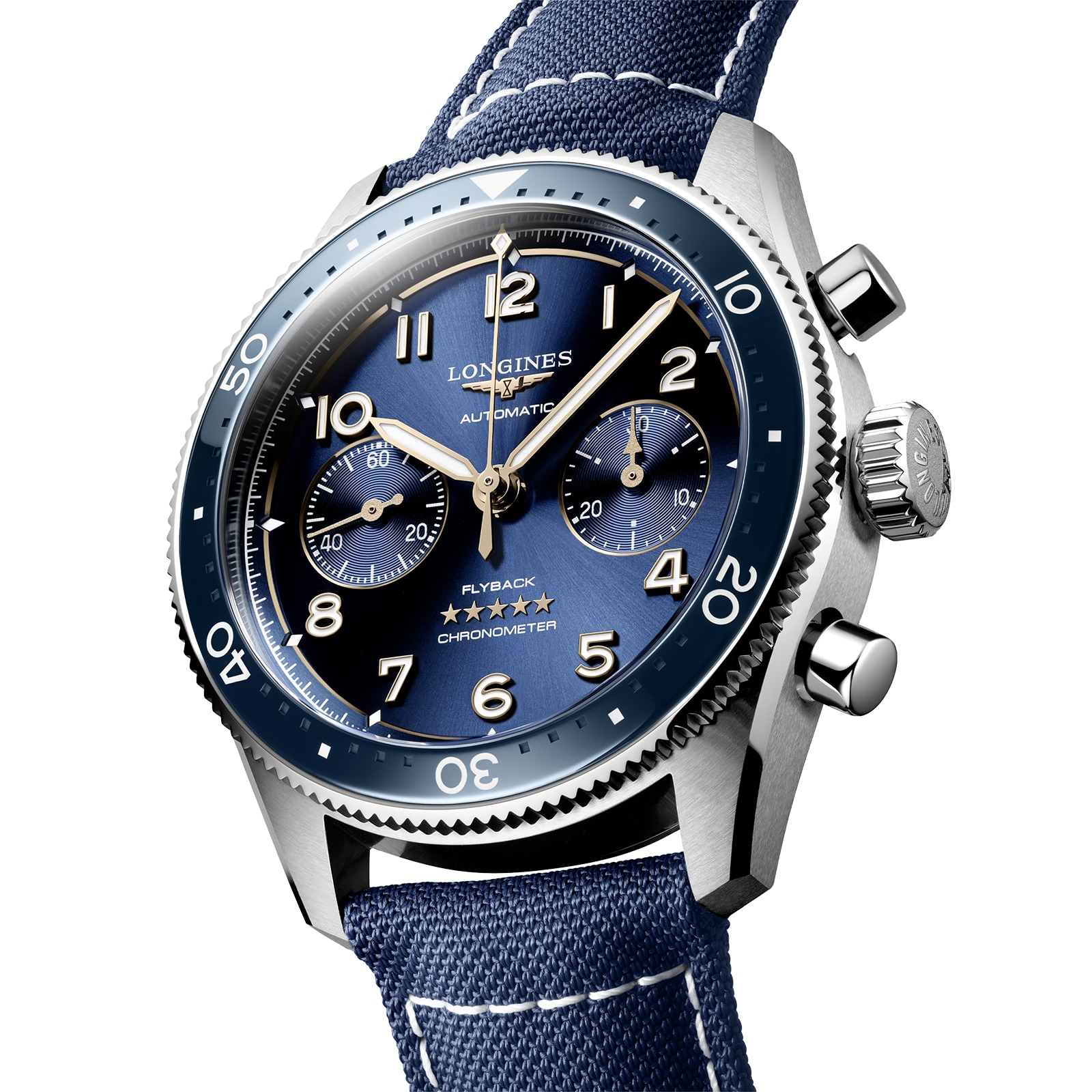 Longines Spirit Flyback 42mm Stahlblau Stoff Gurt Blue Sunray Dial L38214932-1