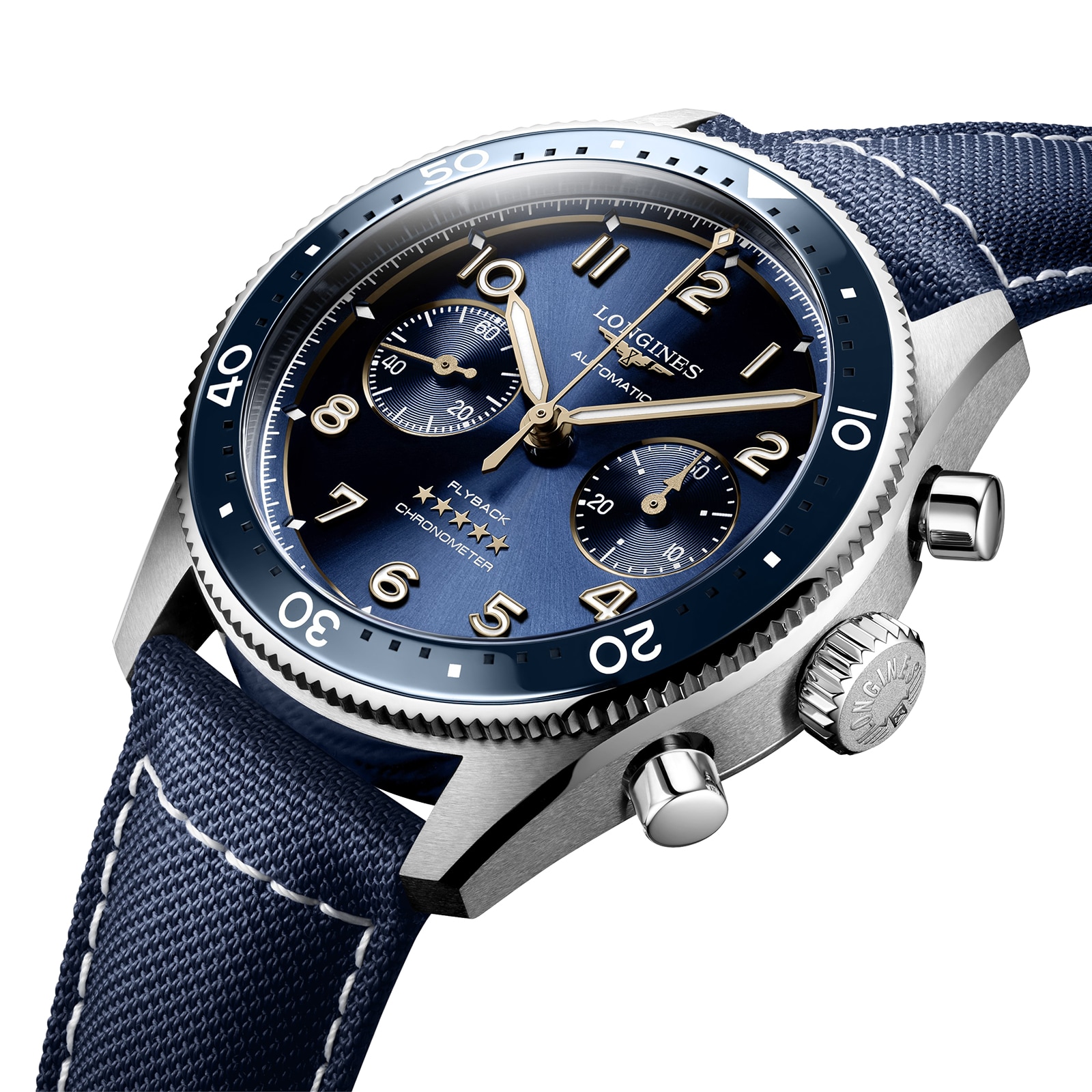 Longines Spirit Flyback 42mm Stahlblau Stoff Gurt Blue Sunray Dial L38214932-2