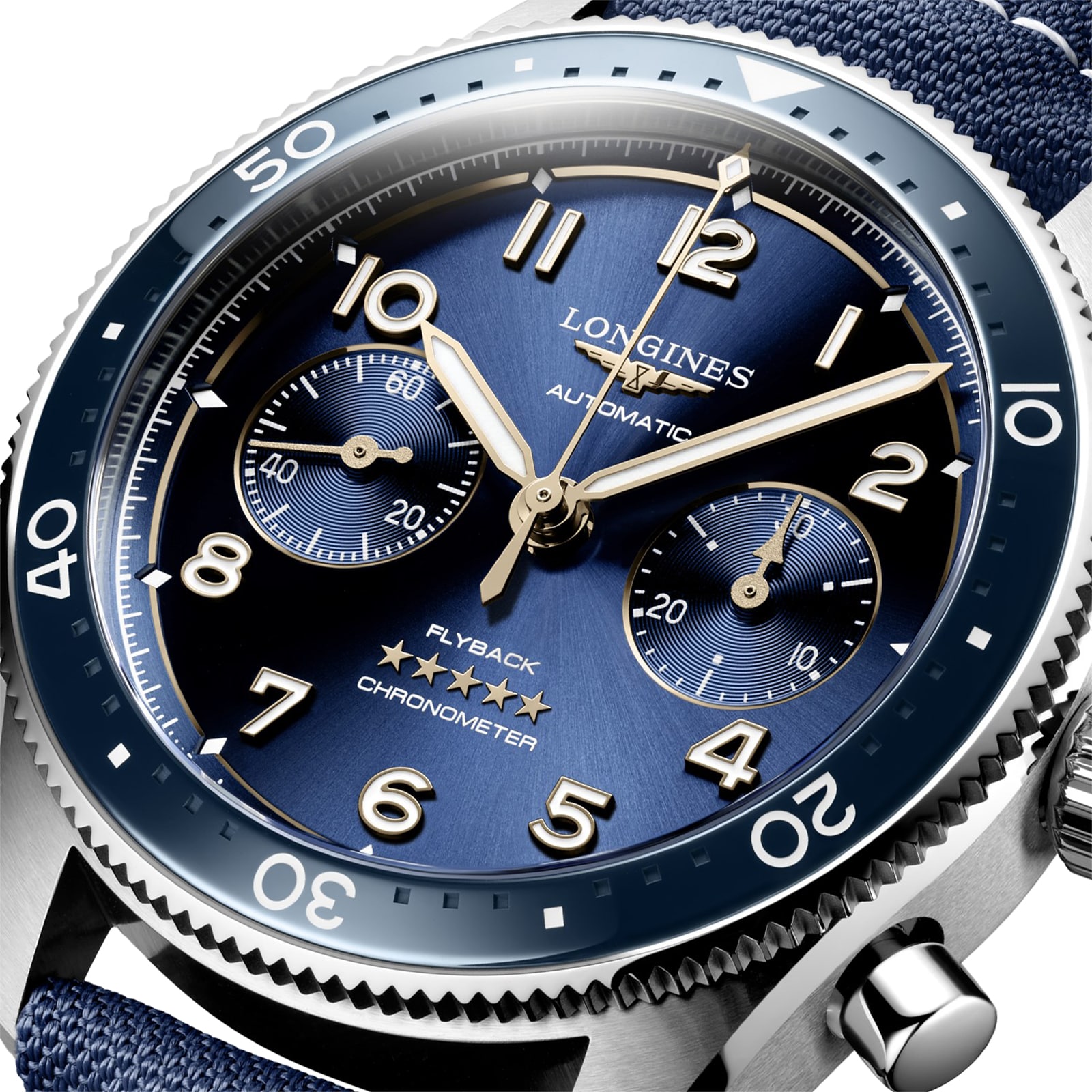 Longines Spirit Flyback 42mm Stahlblau Stoff Gurt Blue Sunray Dial L38214932-3
