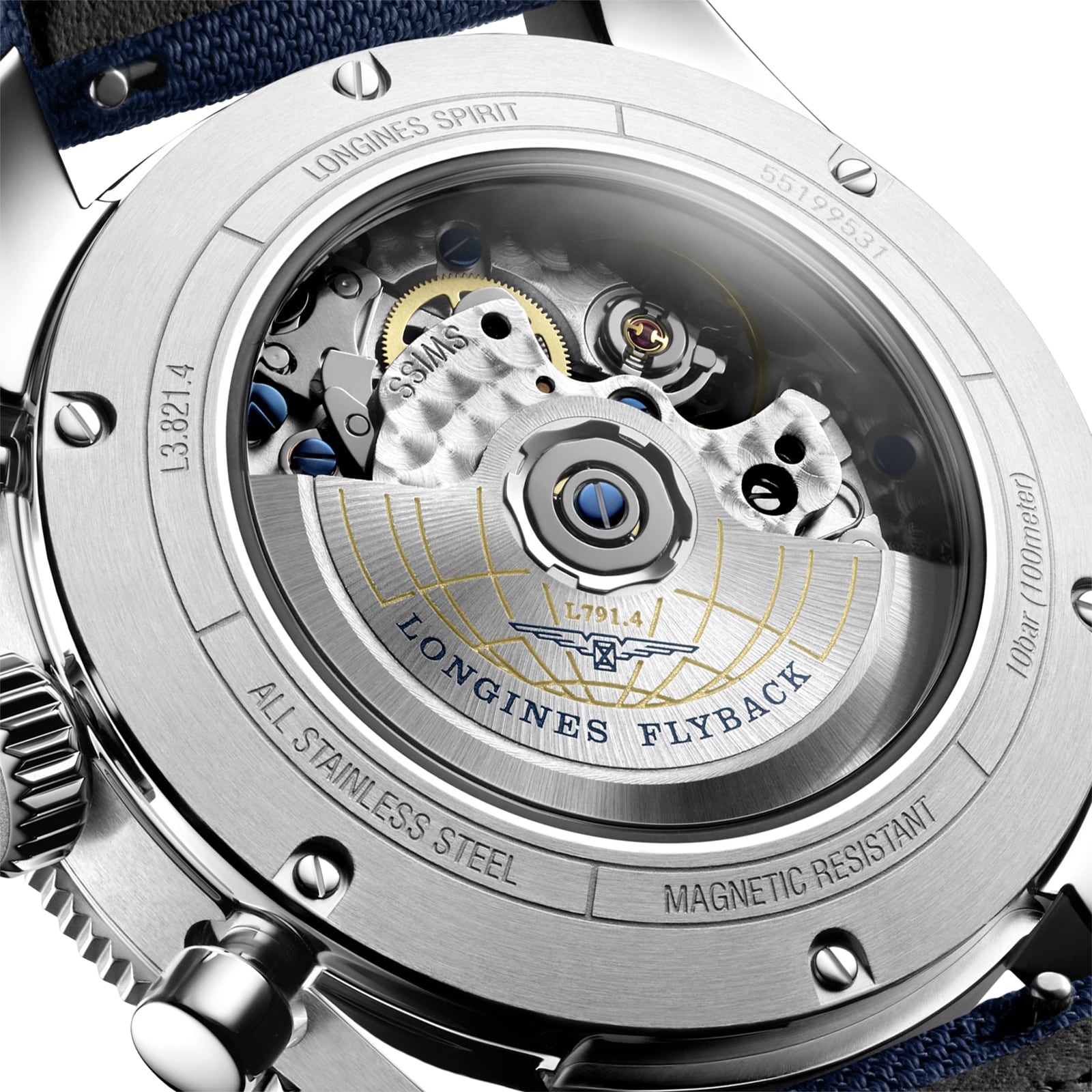 Longines Spirit Flyback 42mm Stahlblau Stoff Gurt Blue Sunray Dial L38214932-5