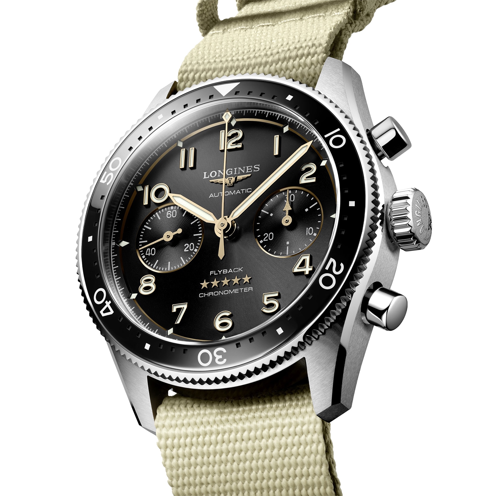 Longines Spirit Flyback 42mm Stahl Beige Nato -Gurt Schwarzes Sonnene Dial L38214539-1