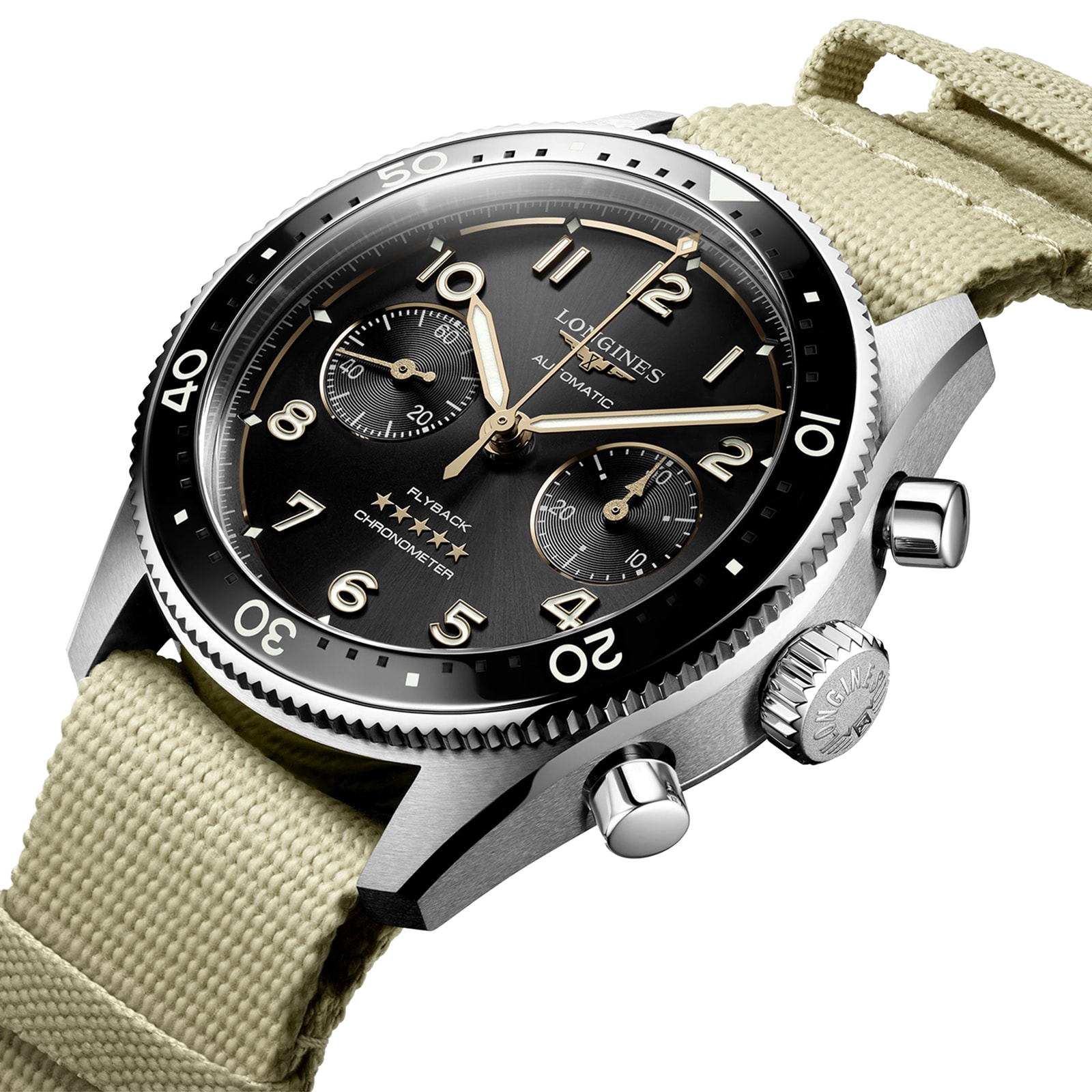 Longines Spirit Flyback 42mm Stahl Beige Nato -Gurt Schwarzes Sonnene Dial L38214539-2
