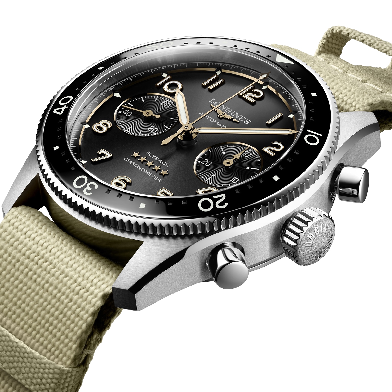 Longines Spirit Flyback 42mm Stahl Beige Nato -Gurt Schwarzes Sonnene Dial L38214539-3