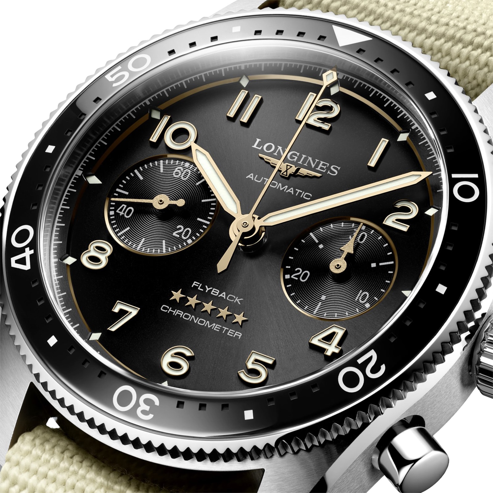 Longines Spirit Flyback 42mm Stahl Beige Nato -Gurt Schwarzes Sonnene Dial L38214539-4
