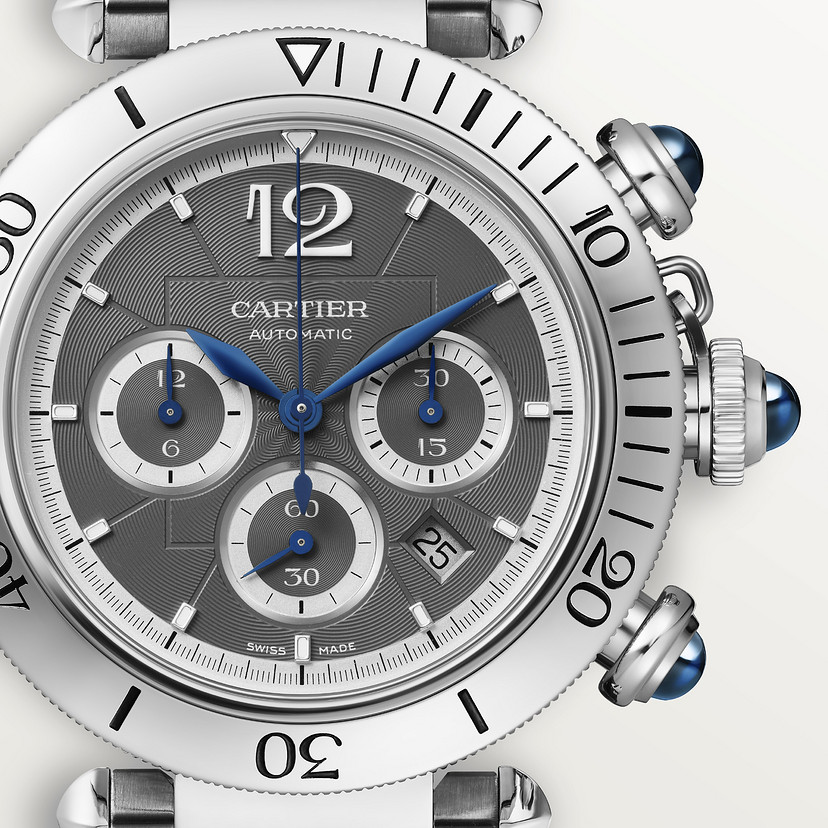Pasha de Cartier Uhr 41 mm Chronograph Automatisch Bewegung Stahl Dunkelgrau Zifferblatt austauschbares Metall und Ledergurte-1