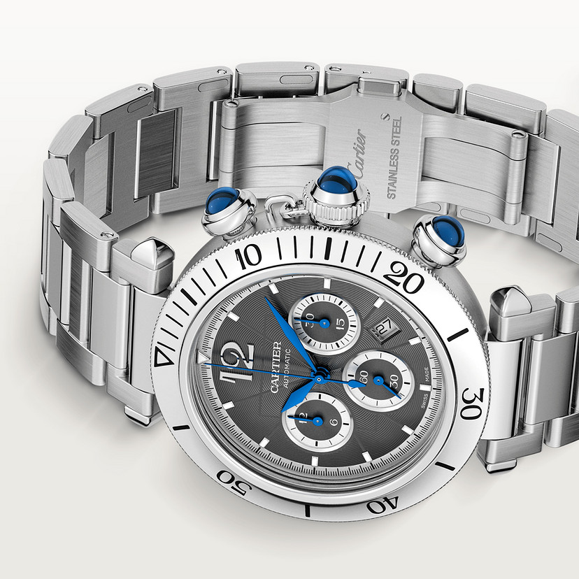 Pasha de Cartier Uhr 41 mm Chronograph Automatisch Bewegung Stahl Dunkelgrau Zifferblatt austauschbares Metall und Ledergurte-5