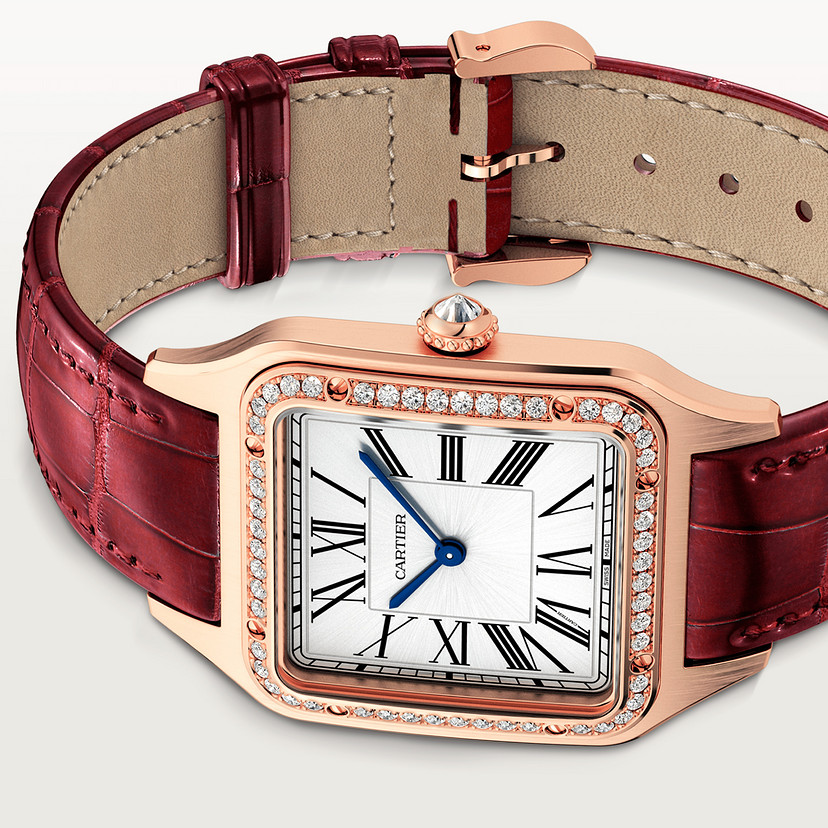 Santos-Dumont Replik Uhren großes Modell Quarz Bewegung Rosegold Diamanten Leder-4