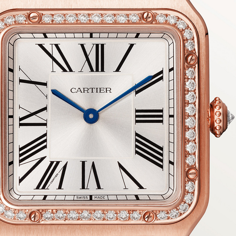 Santos-Dumont Replik Uhren großes Modell Quarz Bewegung Rosegold Diamanten Leder-6
