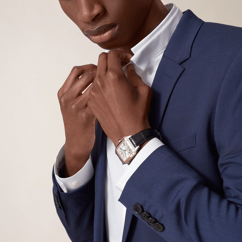 Santos-Dumont Replik Uhren großes Modell Quarz Bewegung Rose Gold Steel Leder-6