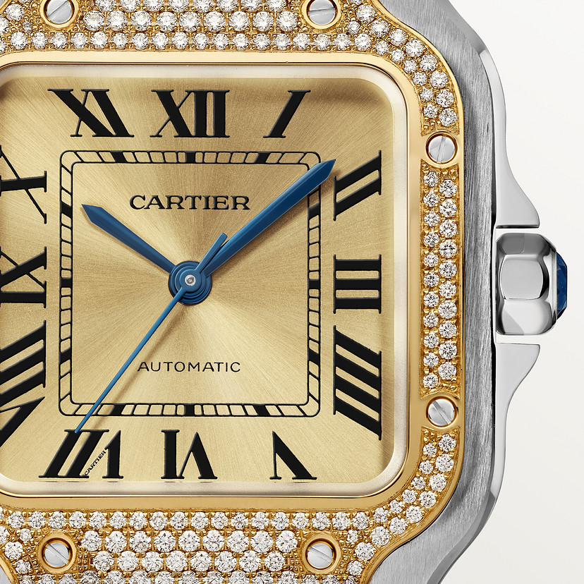 Santos de Cartier Uhrenmedium Modell Automatische Bewegung 18K Gelb Gold Stahl Diamanten austauschbare Metall- und Lederarmbänder-1