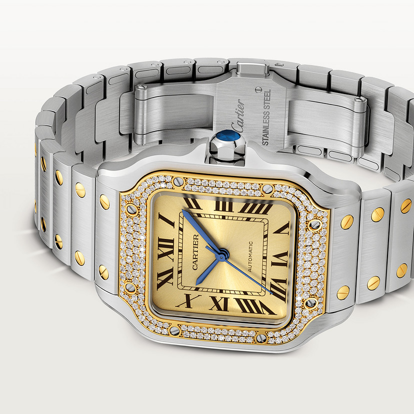 Santos de Cartier Uhrenmedium Modell Automatische Bewegung 18K Gelb Gold Stahl Diamanten austauschbare Metall- und Lederarmbänder-4