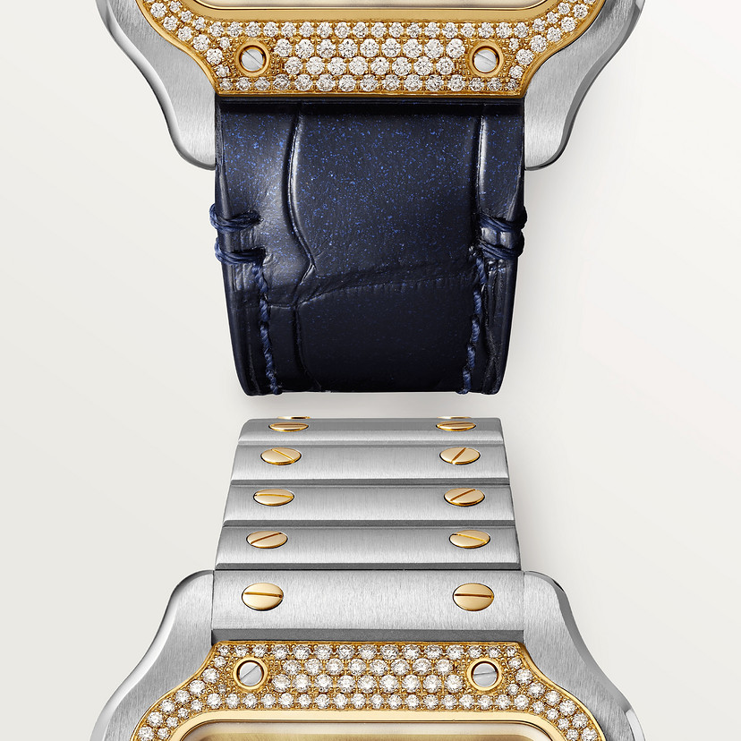 Santos de Cartier Uhrenmedium Modell Automatische Bewegung 18K Gelb Gold Stahl Diamanten austauschbare Metall- und Lederarmbänder-5