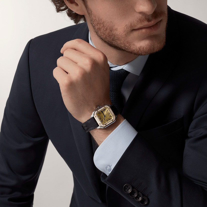 Santos de Cartier Uhrenmedium Modell Automatische Bewegung 18K Gelb Gold Stahl Diamanten austauschbare Metall- und Lederarmbänder-6