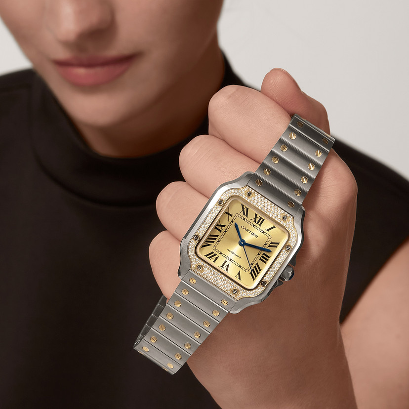 Santos de Cartier Uhrenmedium Modell Automatische Bewegung 18K Gelb Gold Stahl Diamanten austauschbare Metall- und Lederarmbänder-7