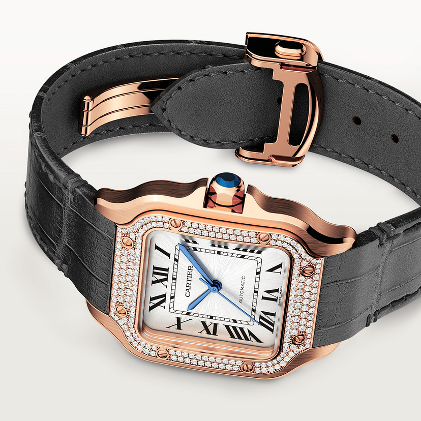 Santos de Cartier Uhrenmedium Modell Automatische Bewegung Rosegold Diamanten 2 austauschbare Lederarmbänder-3
