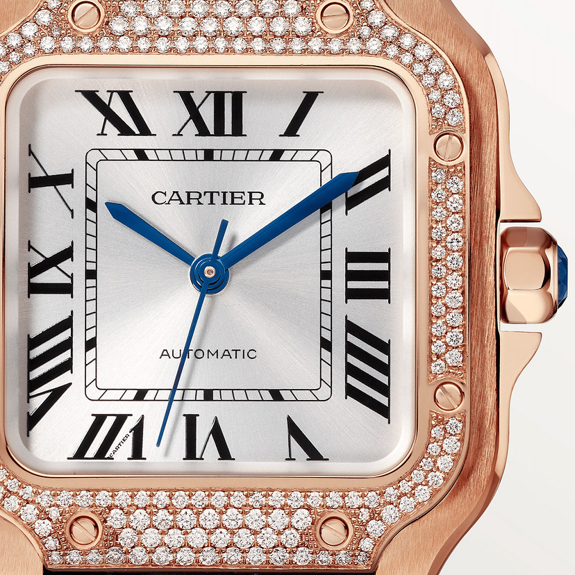Santos de Cartier Uhrenmedium Modell Automatische Bewegung Rosegold Diamanten 2 austauschbare Lederarmbänder-5