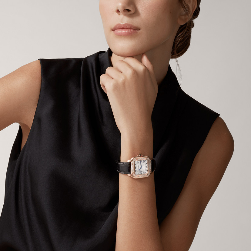Santos de Cartier Uhrenmedium Modell Automatische Bewegung Rosegold Diamanten 2 austauschbare Lederarmbänder-6