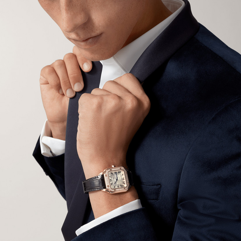 Santos de Cartier Uhrenmedium Modell Automatische Bewegung Rosegold Diamanten 2 austauschbare Lederarmbänder-7