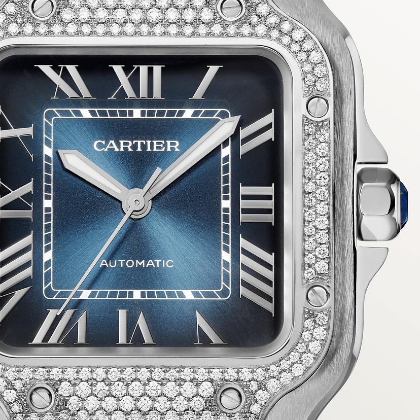 Santos de Cartier Uhrenmedium Modell Automatische Bewegung Stahl Diamanten Blaues Zifferblatt austauschbare Metall- und Lederarmbänder-1