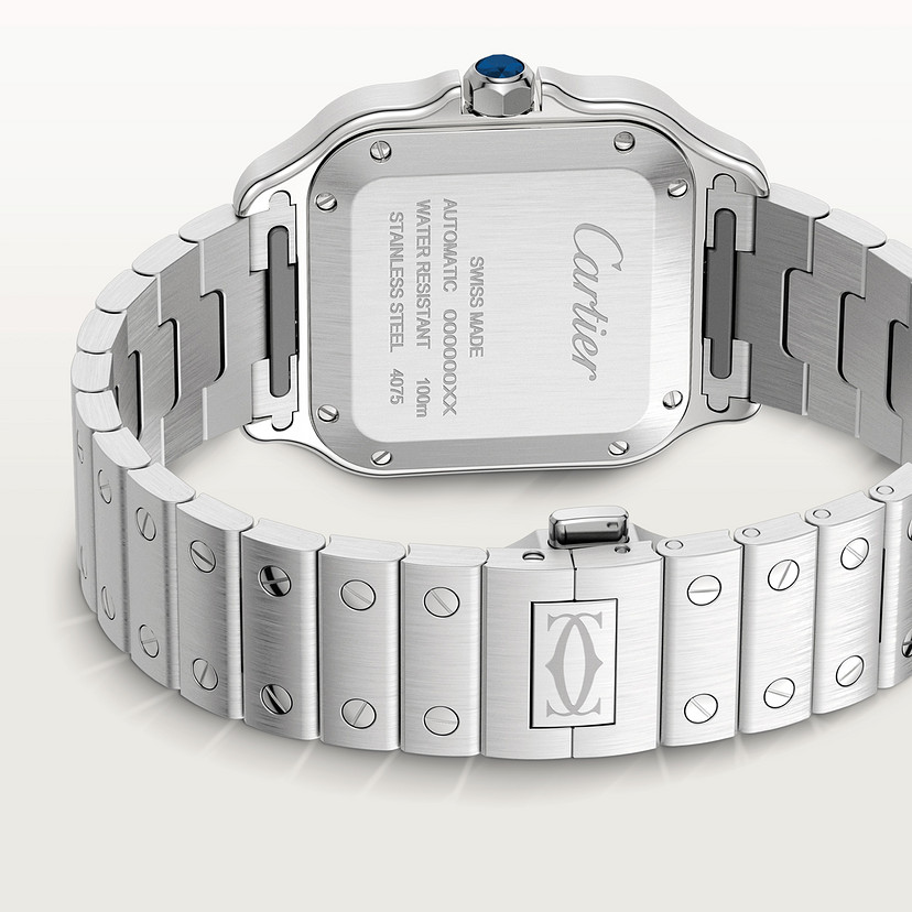 Santos de Cartier Uhrenmedium Modell Automatische Bewegung Stahl Diamanten Blaues Zifferblatt austauschbare Metall- und Lederarmbänder-2