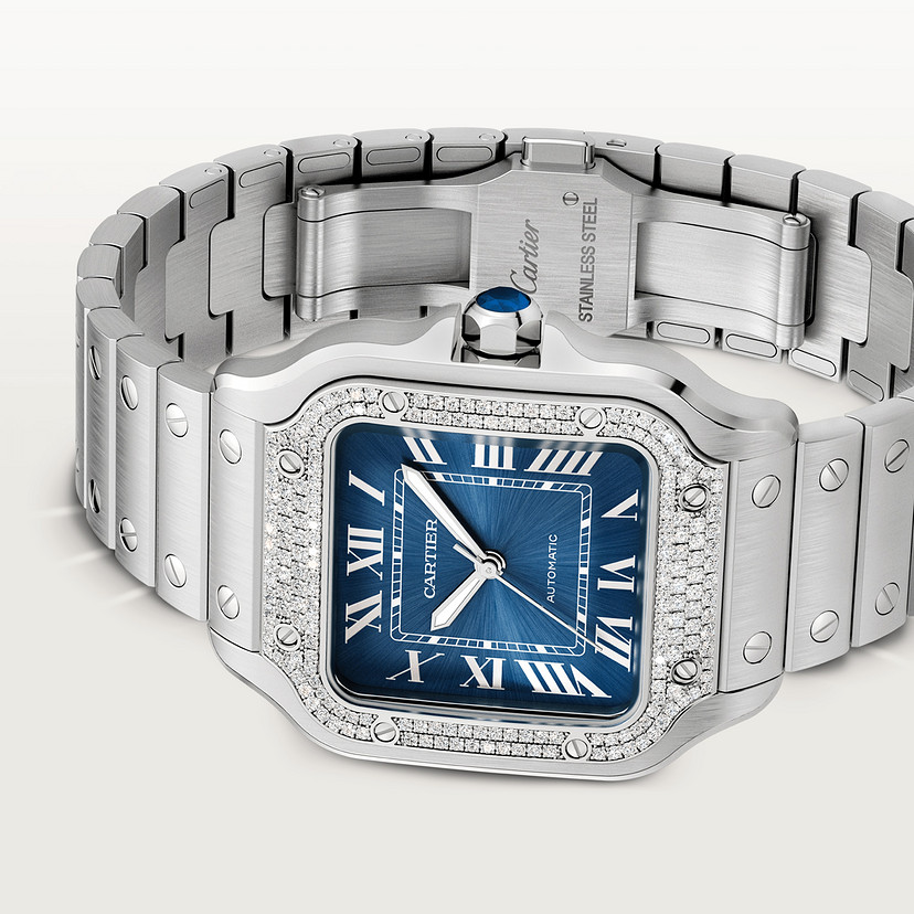 Santos de Cartier Uhrenmedium Modell Automatische Bewegung Stahl Diamanten Blaues Zifferblatt austauschbare Metall- und Lederarmbänder-4