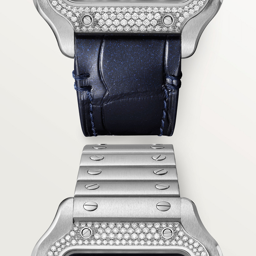 Santos de Cartier Uhrenmedium Modell Automatische Bewegung Stahl Diamanten Blaues Zifferblatt austauschbare Metall- und Lederarmbänder-5