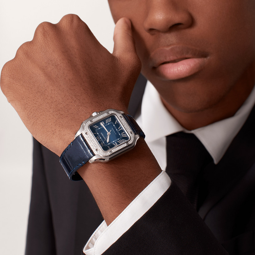Santos de Cartier Uhrenmedium Modell Automatische Bewegung Stahl Diamanten Blaues Zifferblatt austauschbare Metall- und Lederarmbänder-6