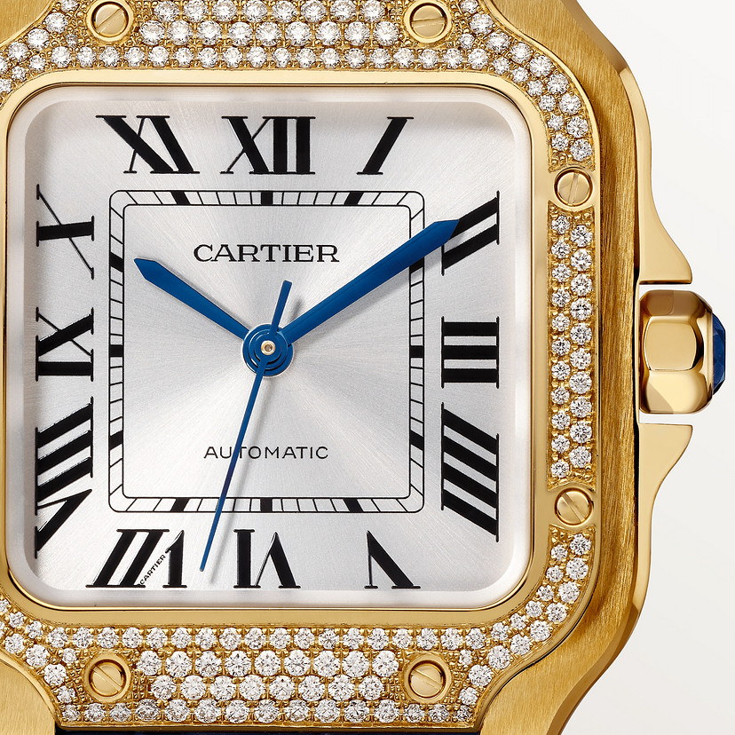 Santos de Cartier Uhrenmedium Modell Automatische Bewegung Gelbgold Diamanten 2 austauschbare Lederarmbänder-2