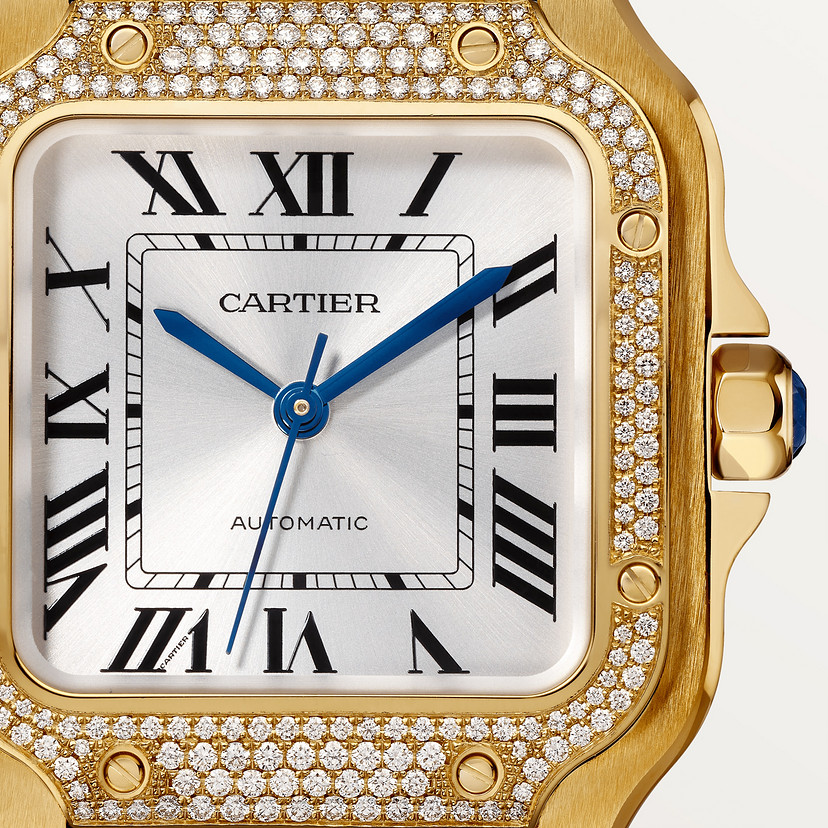 Santos de Cartier Uhrenmedium Modell Automatische Bewegung Gelbgold Diamanten 2 austauschbare Lederarmbänder-3